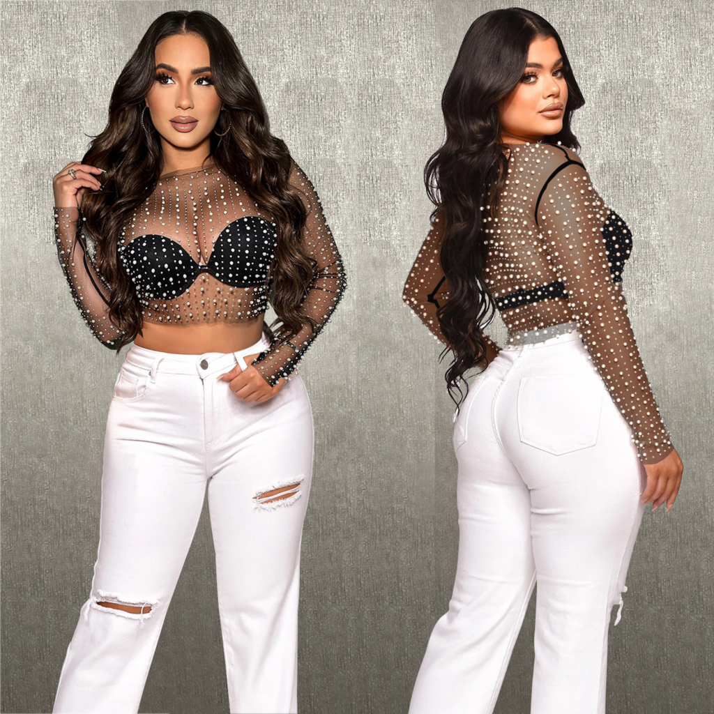 Delicate Pearl Beaded Mesh Long Sleeve Crop Top