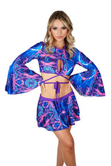 Psychedelic Blue Swirl Tie Dye Keyhole Crop Top & Skirt Set