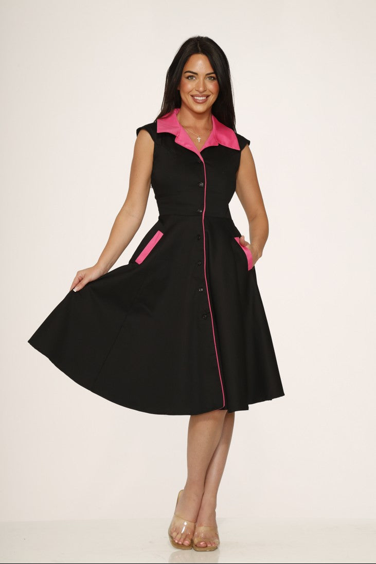 Black & Pink Collared Women's Swing Dress