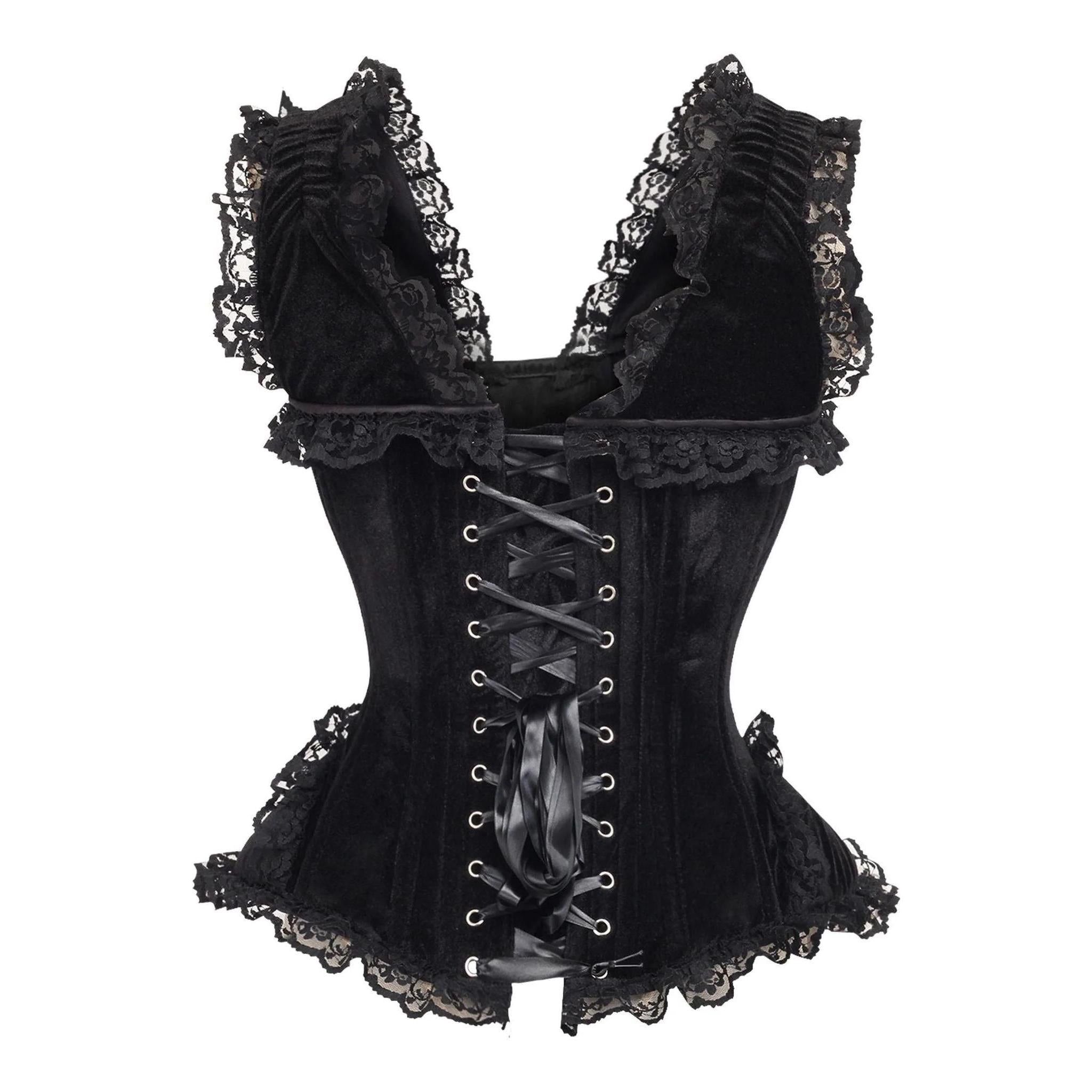 Top Drawer Black Velvet & Lace Steel Boned Corset with Cap Sleeves