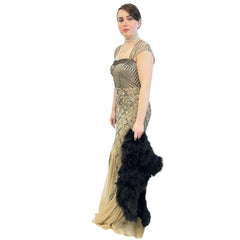 1920s Beige Beaded Evening Gown Women's Costume