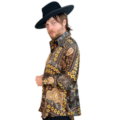 1970s Brown Paisley Men's Button Up Disco Shirt