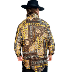 1970s Brown Paisley Men's Button Up Disco Shirt