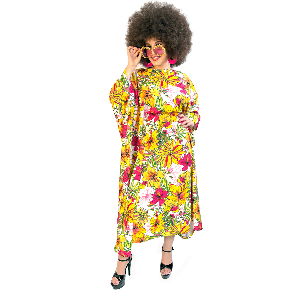 1970s Yellow and Pink Floral Tent Dress Adult Costume