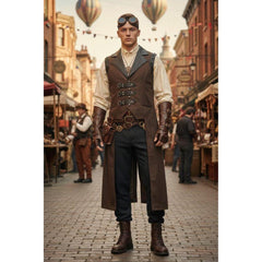 Brown Gothic Steampunk Long Vest with Cracked Leather Texture