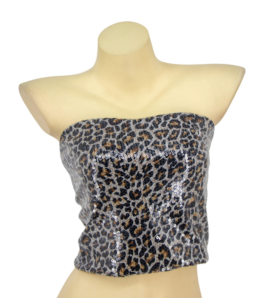 Glamorous Cheetah Print Sequin Cropped Tube Top