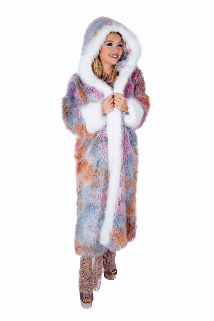 Festival Pastel Faux Bunny Fur Long Hooded Coat