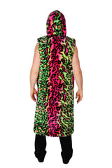 Feisty Neon Leopard Print Sleeveless Long Faux Fur Coat