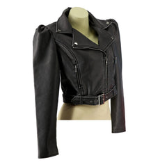 Puff Shoulder Black Pleather Buckle Jacket