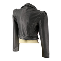 Puff Shoulder Black Pleather Buckle Jacket