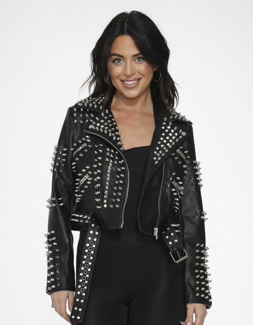 Black Leather Diamond & Spike Studded Moto Jacket