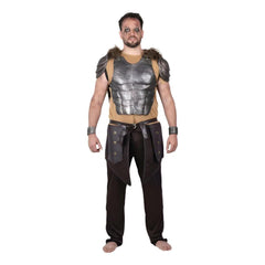 Person wearing a detailed armor costume on a white background
