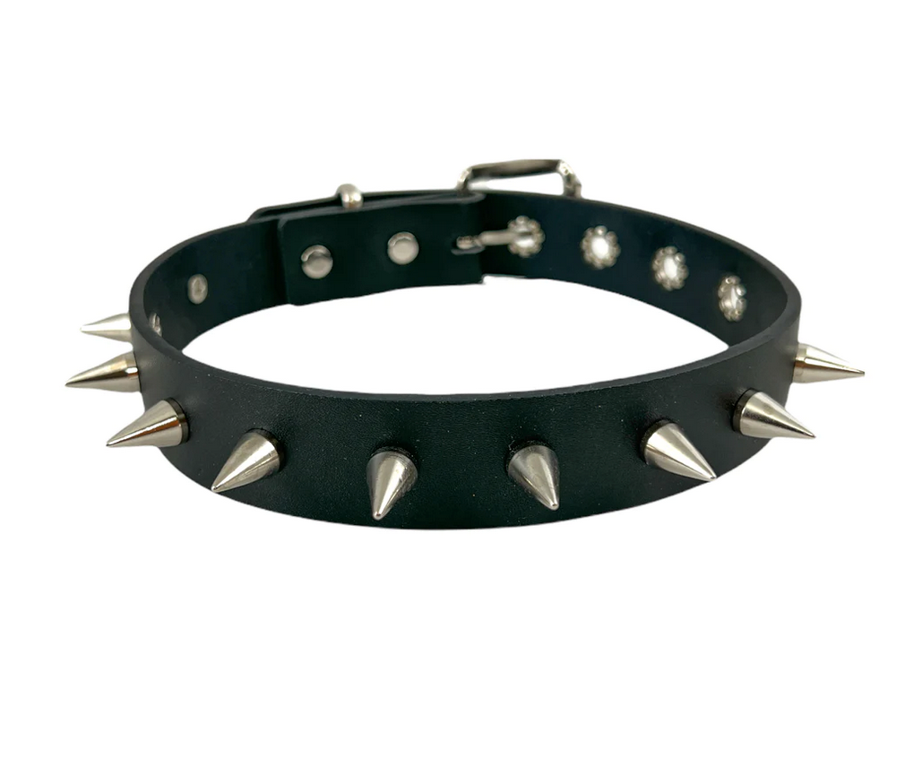 1 1/4" Wide Black Leather Choker with 5/8 Mini Cone Spikes