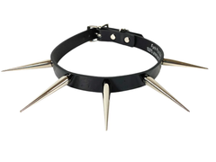 3/4" Black Leather Choker with Large Silver Cone Spikes