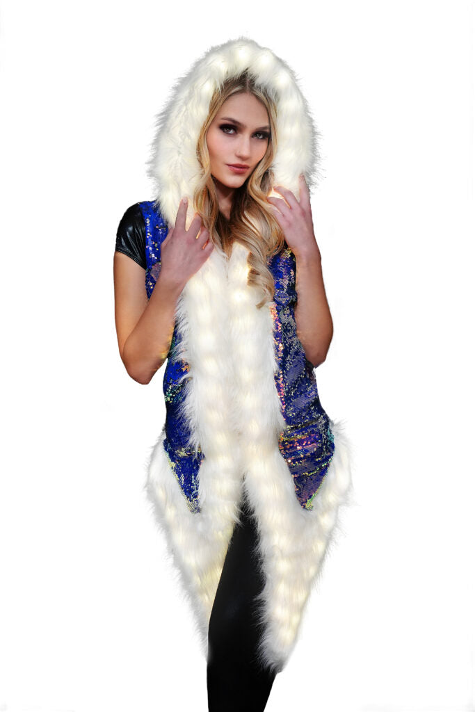 LED Sleeveless Faux Fur Lined Sequin Jacket