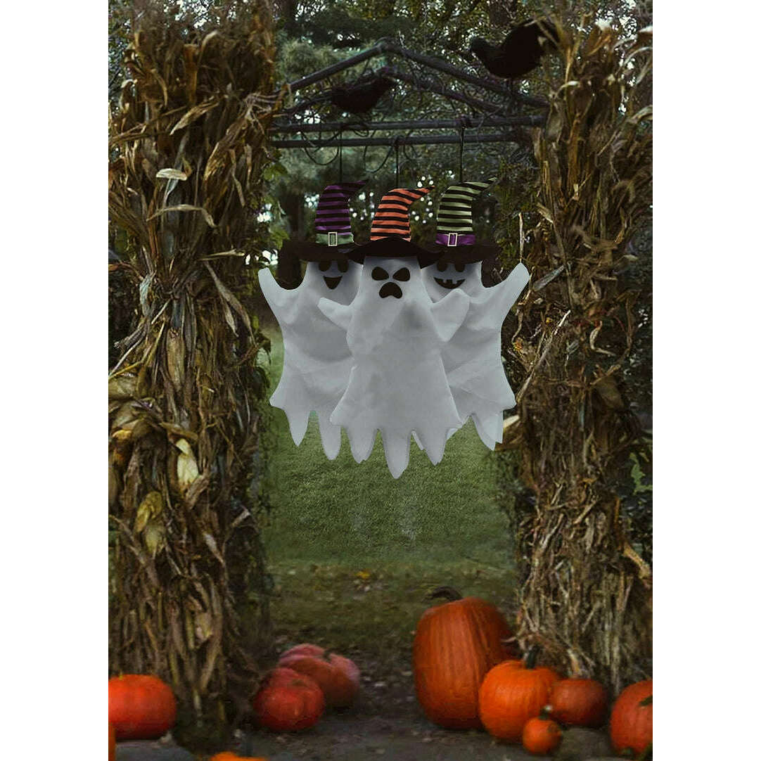 3 Piece Hanging Halloween Ghost w/ Witch Hat Decoration