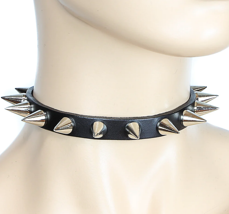 1/2" Skinny Black Leather Choker With Cone Spike