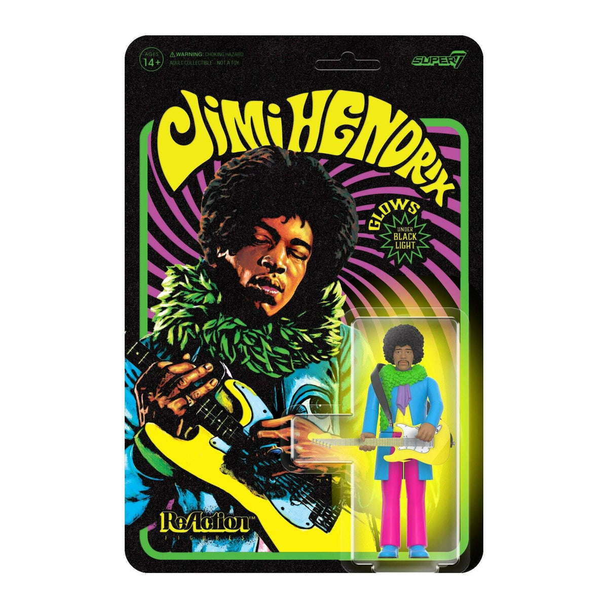 3.75" Jimi Hendrix Blacklight Reactive ReAction Collectible Action Figure & Guitar