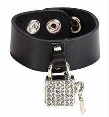 Black Leather Snap Bracelet with Rhinestone Lock