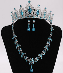 Bright Blue and Silver Rhinestone Tiara Set with Necklace and Earrings