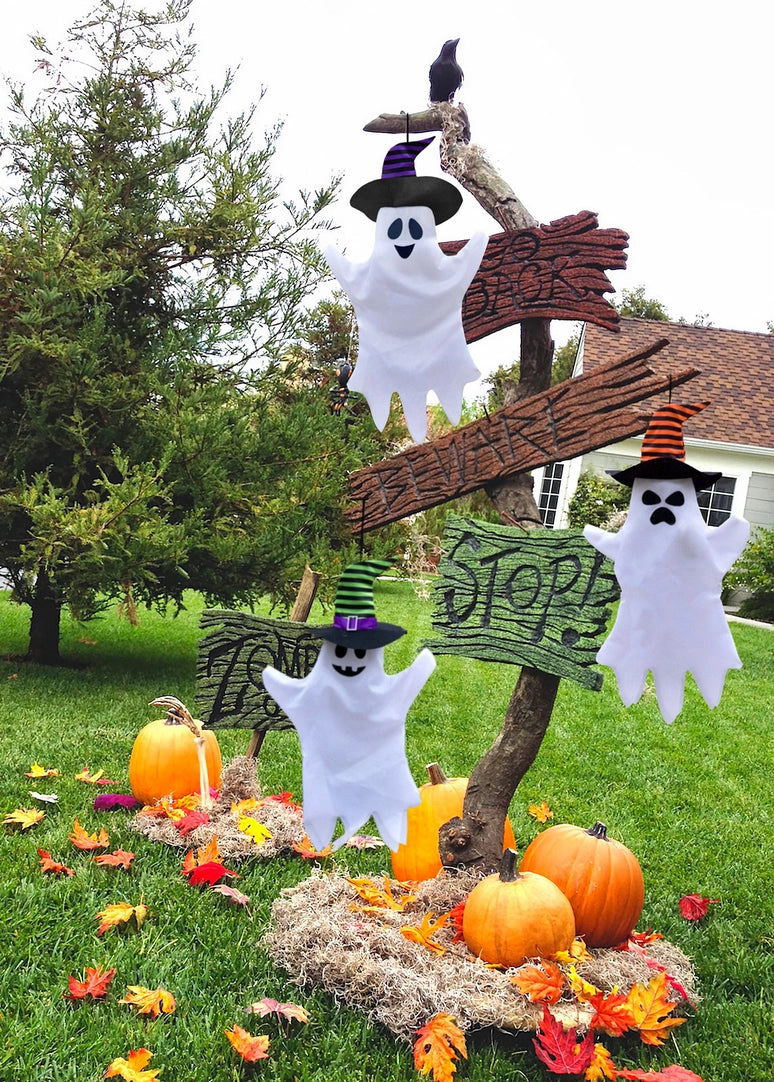 3 Piece Hanging Halloween Ghost w/ Witch Hat Decoration