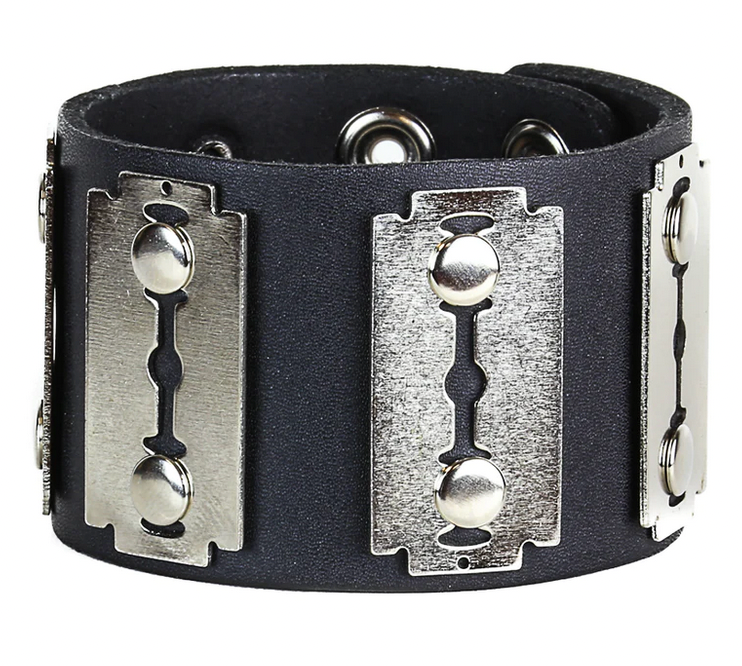 Razor Blade Black Leather Snap Bracelet