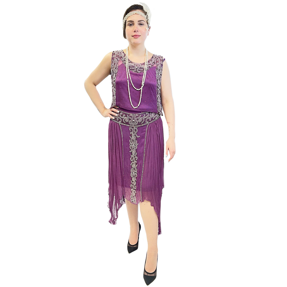 1920's Fuchsia Chiffon Beaded Dress Adult Costume w/ Slip Dress and Accessories