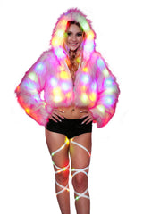 LED Faux Fur Cropped Hooded Jacket