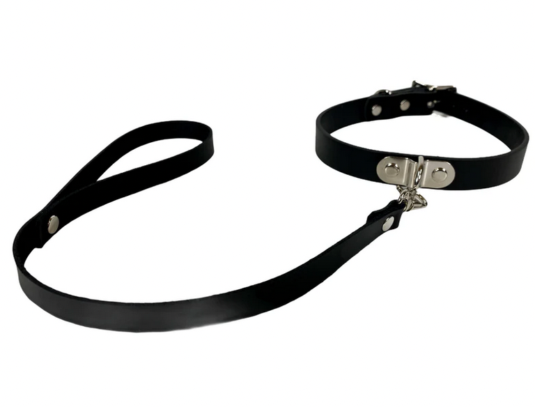 Black Leather Choker with Leather Leash