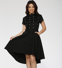 Black Edgy Military Parade Style Zip Up Hi Low Dress