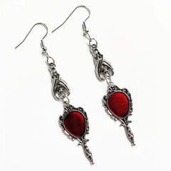 Vintage Hand Mirror Earrings with Red Gem and Hanging Bat