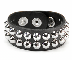 Black Leather Snap Bracelet with 2 Rows Round Cone Studs