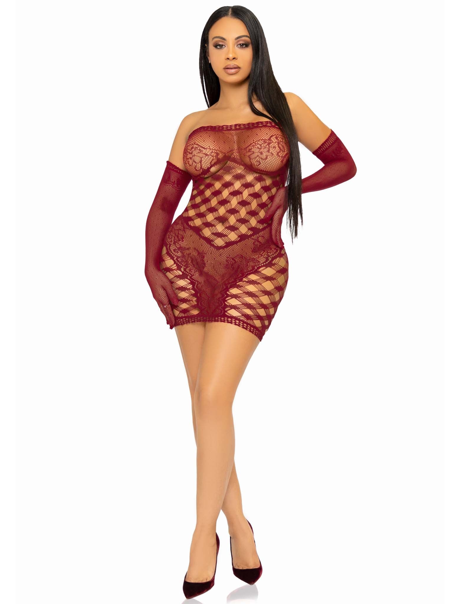 Net Tube Dress w/ Lace Accent & Matching Gloves
