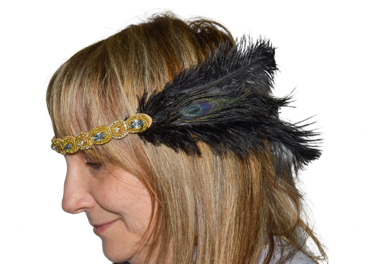 Bejeweled Black/Peacock Feather Flapper Headband
