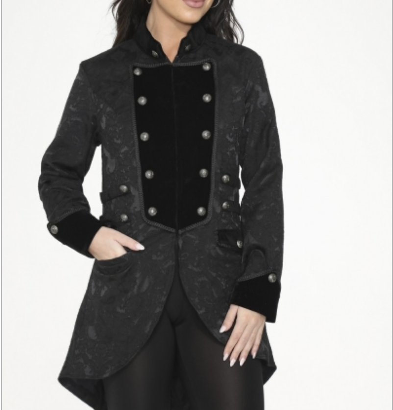 Black Brocade Pirate Women's Coat with Tail