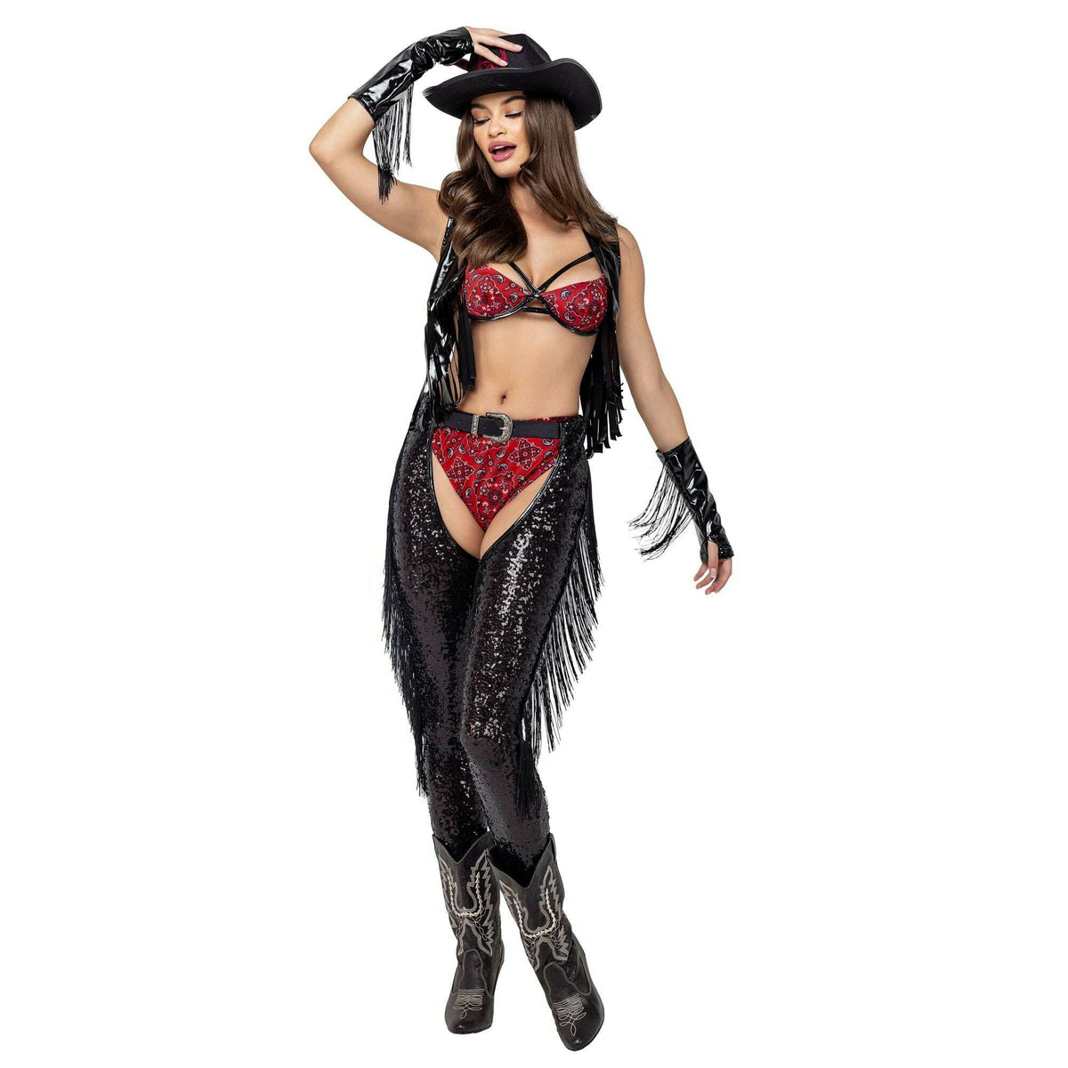 6pc Saddle-up Cowgirl Sequin Chaps with Fringe Costume