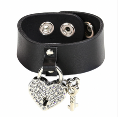 Black Leather Snap Bracelet with Rhinestone Lock