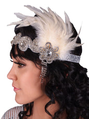 Ivory White Feather Flapper Headband with Silver Band