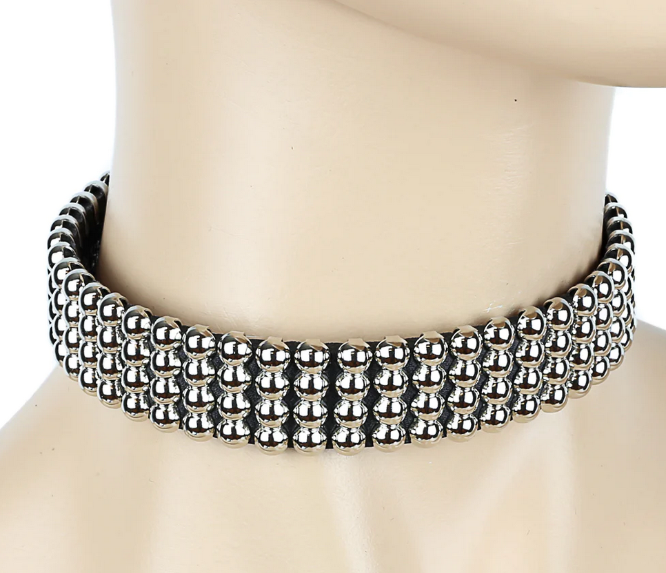 3/4" Wide Choker with 4 Rows Round Silver Studs