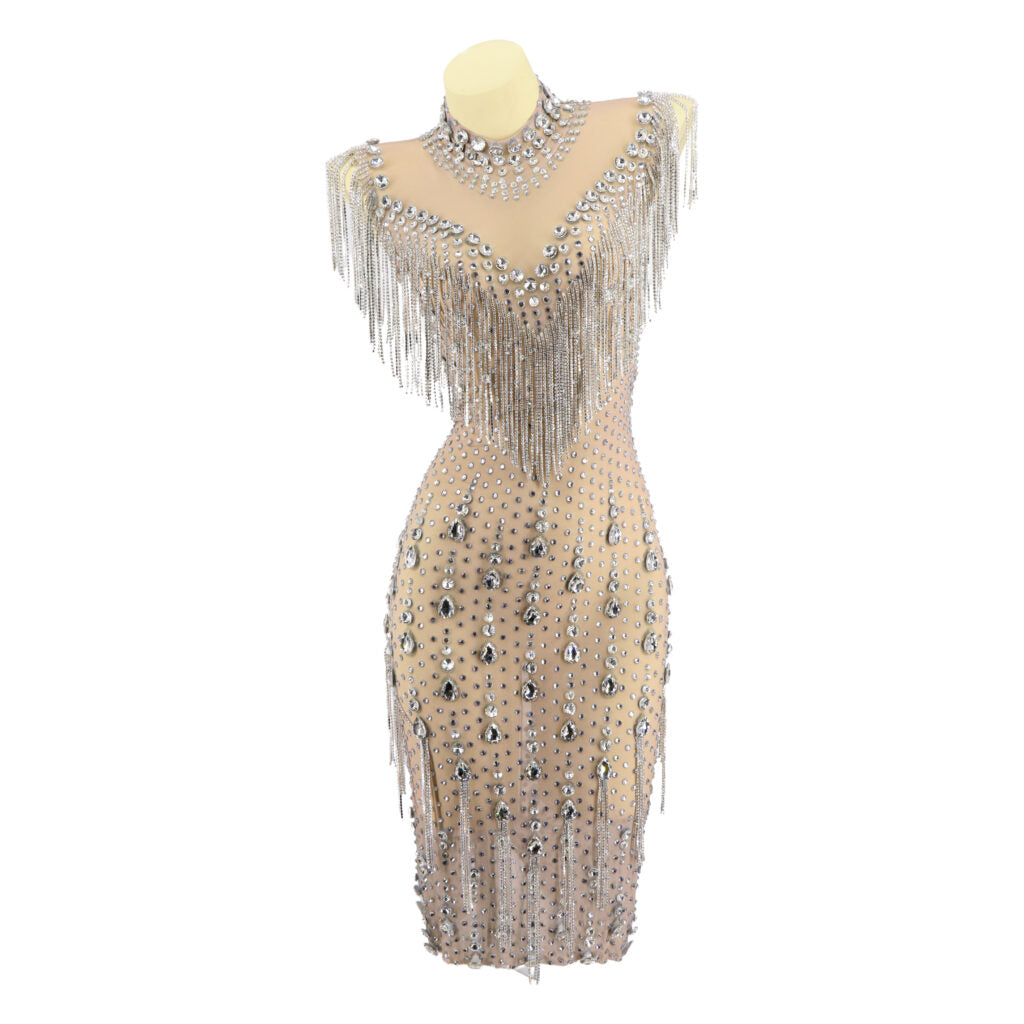 Lavish Rhinestone Nude Dress with Fringe Collar