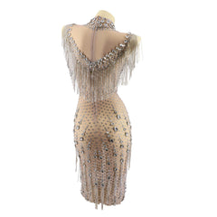 Lavish Rhinestone Nude Dress with Fringe Collar