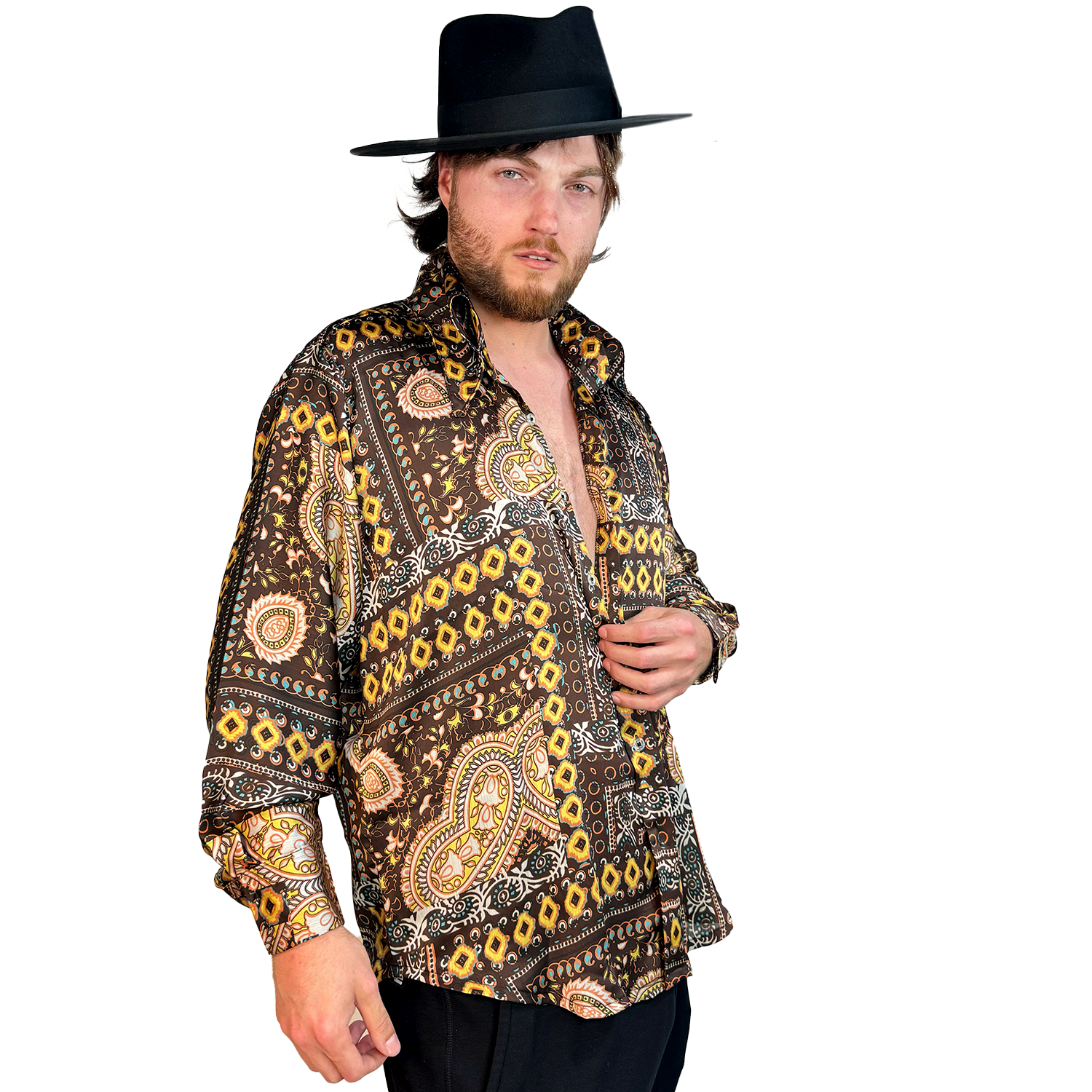 1970s Brown Paisley Men's Button Up Disco Shirt