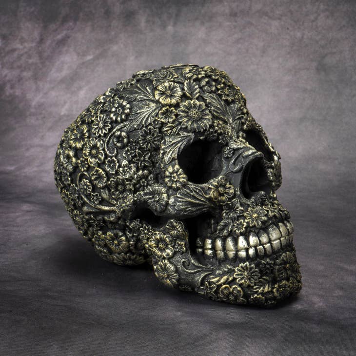 Day of the Dead Cold Cast Resin Floral Skull w/ Antique Finish