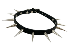 1/2" Black Leather One Row Choker with Slim and Tall Spikes