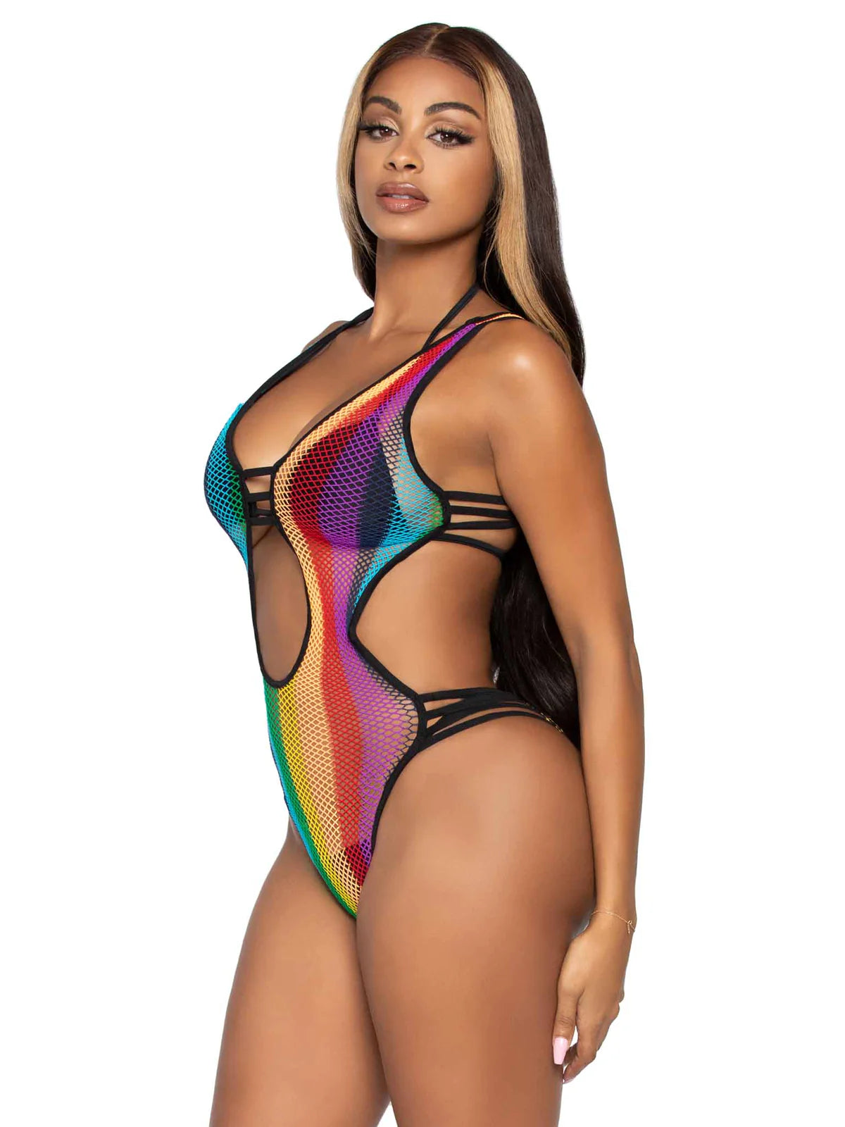 Sexy Lingerie Fishnet Body Stocking - Rainbow Striped Cutout