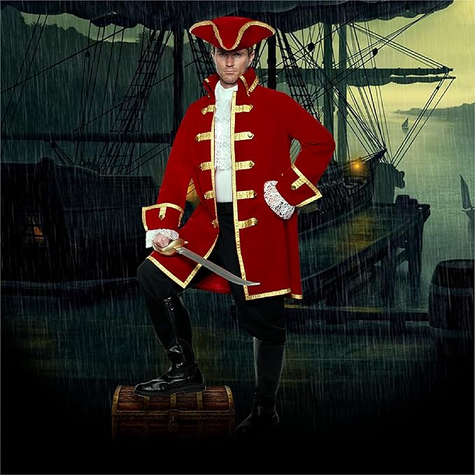 Pirate Captain w/ Red Velvet Coat & Hat Adult Costume