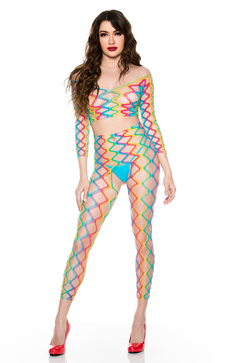 Rainbow Fence Net Long Sleeve Crop Top & Crotchless Tights Set