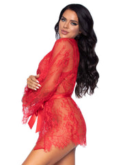Floral Lace Teddy w/ Adjustable Straps & Cheeky Thong & Matching Lace Robe