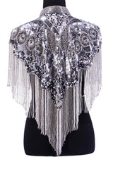 Icy Silver Fringed Beaded Shawl with Collar