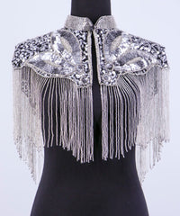 Icy Silver Fringed Beaded Shawl with Collar